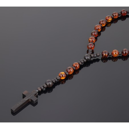 Piękny różaniec z bursztynu i  hebanu, różaniec katolicki, różaniec drewniany, naszyjnik