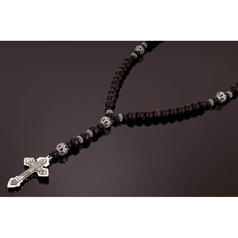 Piękny różaniec z bursztynu i  hebanu, różaniec katolicki, różaniec drewniany, naszyjnik