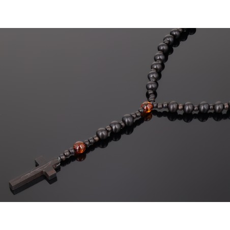 Piękny różaniec z bursztynu i  hebanu, różaniec katolicki, różaniec drewniany, naszyjnik