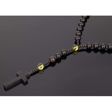 Piękny różaniec z bursztynu i  hebanu, różaniec katolicki, różaniec drewniany, naszyjnik