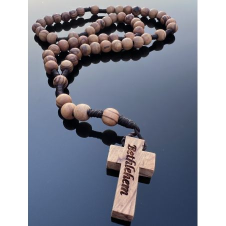 Różaniec z drewna oliwnego z Betlejem – z grawerowanym krzyżem „Bethlehem”