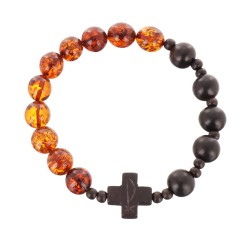Bransoletka różaniec katolicki bursztyn heban drewniany