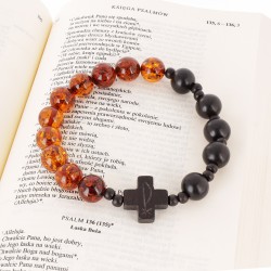 Bransoletka różaniec katolicki bursztyn heban drewniany