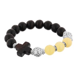 OraRosarium - Bransoletka różaniec na rękę bursztyn żółty  heban damska