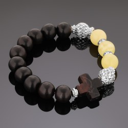 OraRosarium - Bransoletka różaniec na rękę bursztyn żółty  heban damska