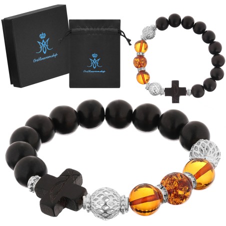 OraRosarium - Bransoletka różaniec na rękę bursztyn koniak heban damska