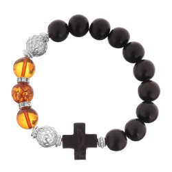 OraRosarium - Bransoletka różaniec na rękę bursztyn koniak heban damska