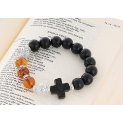 OraRosarium - Bransoletka różaniec na rękę bursztyn koniak heban damska