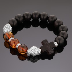 OraRosarium - Bransoletka różaniec na rękę bursztyn koniak heban damska