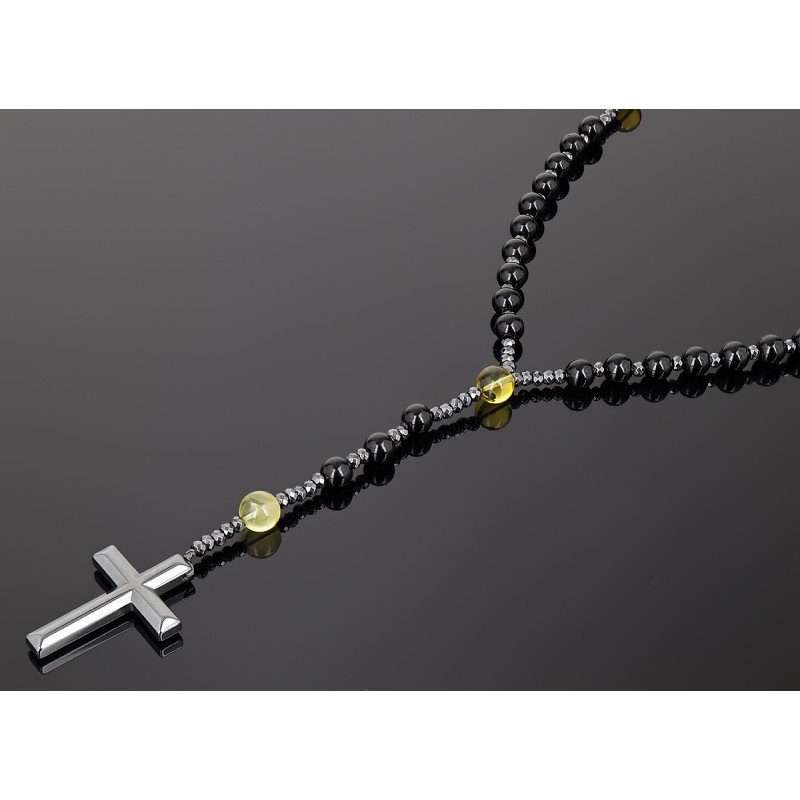 Piękny różaniec z bursztynu i  hebanu, różaniec katolicki, różaniec drewniany, naszyjnik