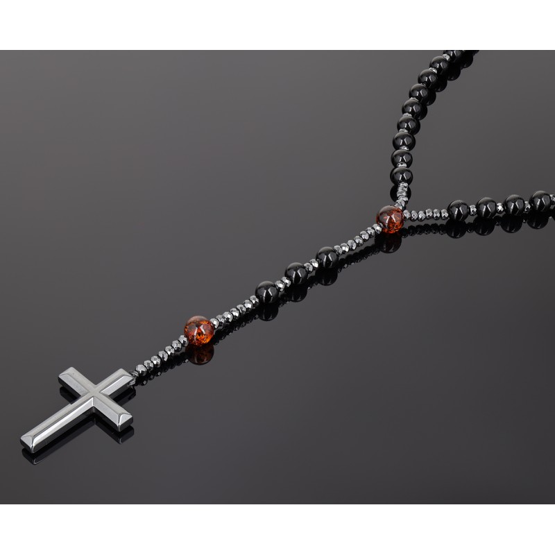 Piękny różaniec z bursztynu i  hebanu, różaniec katolicki, różaniec drewniany, naszyjnik