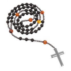 Piękny różaniec z bursztynu i  hebanu, różaniec katolicki, różaniec drewniany, naszyjnik