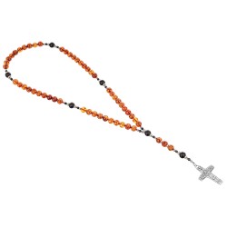 Piękny różaniec z bursztynu i  hebanu, różaniec katolicki, różaniec drewniany