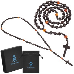 Piękny różaniec z bursztynu i  hebanu, różaniec katolicki, różaniec drewniany, naszyjnik